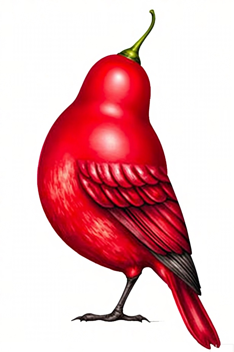 This is a creative composite image that combines the shape of a red chili pepper with the wings, claws, and other parts of a bird to create a "chili bird", full of fun and artistic sense. synthesis