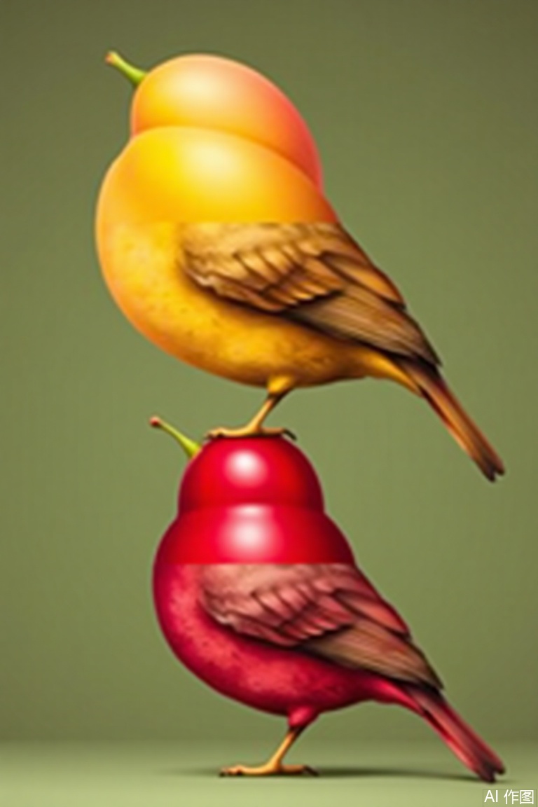 This is a creative composite image, with a large 'mango bird' standing on top of a small bird made up of red fruit (similar to cherries) and a part of the bird's body, combining the fruit with the bird image, full of fun and imagination. synthesis