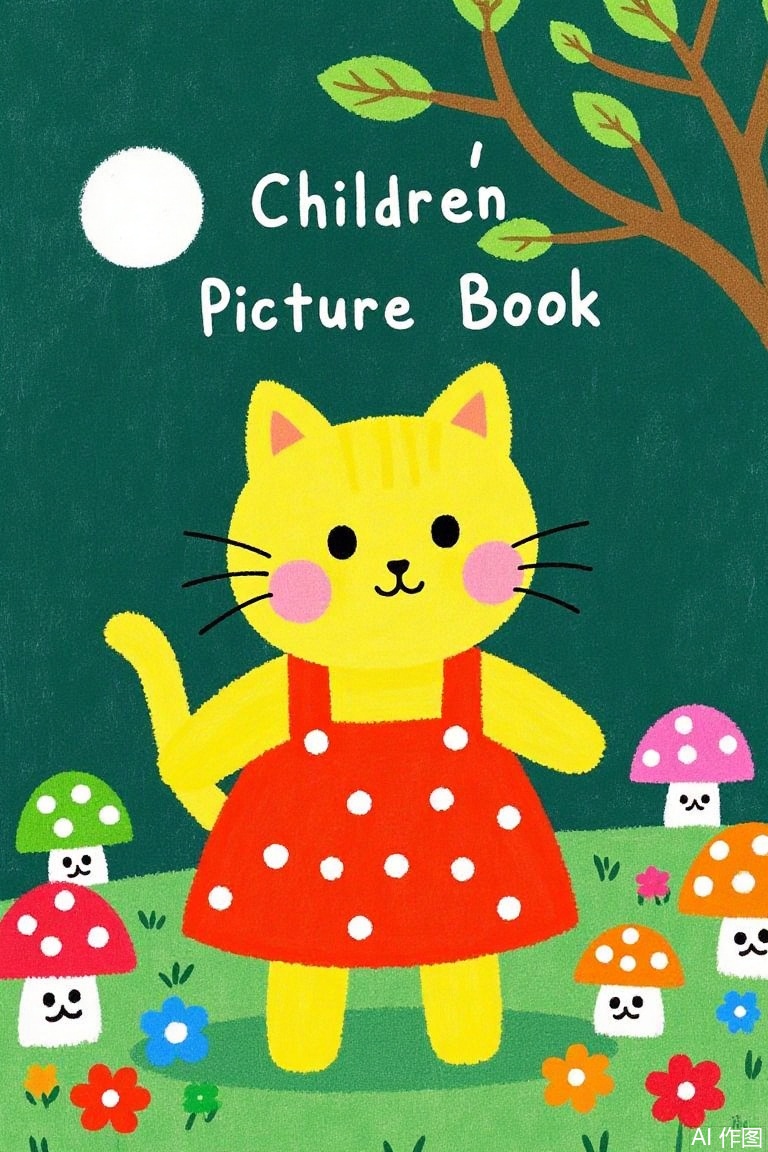 An animated image of a cat wearing a yellow polka dot red dress. The cat stands in front of a tree, with the moon in the background. There are many colorful mushrooms on the ground. The background is dark green with a few leaves on top. There is a text above the cat that reads' Children's Picture Book '.