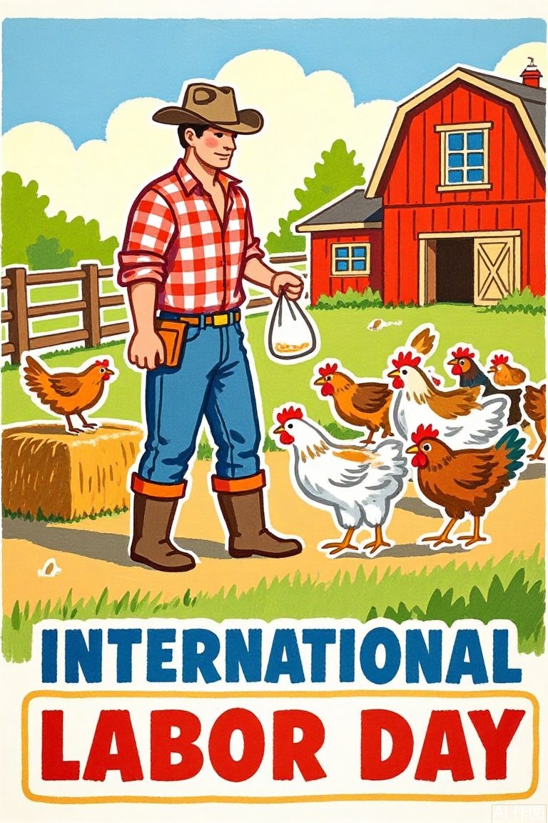 Cartoon illustration,,A farm worker in a rustic outfit feeds chickens in a well-maintained chicken farm on International Labor Day. The scene is depicted in an artistic font style with bold and vibrant colors. The farmworker wears a checked shirt and rubber boots, holding a bag of feed, while chickens gather eagerly around. The farm environment includes wooden fences, hay bales, and a red barn in the background, illuminated by the warm sunlight of late afternoon. The overall composition is balanced and harmonious, capturing the essence of hard work and rural life.