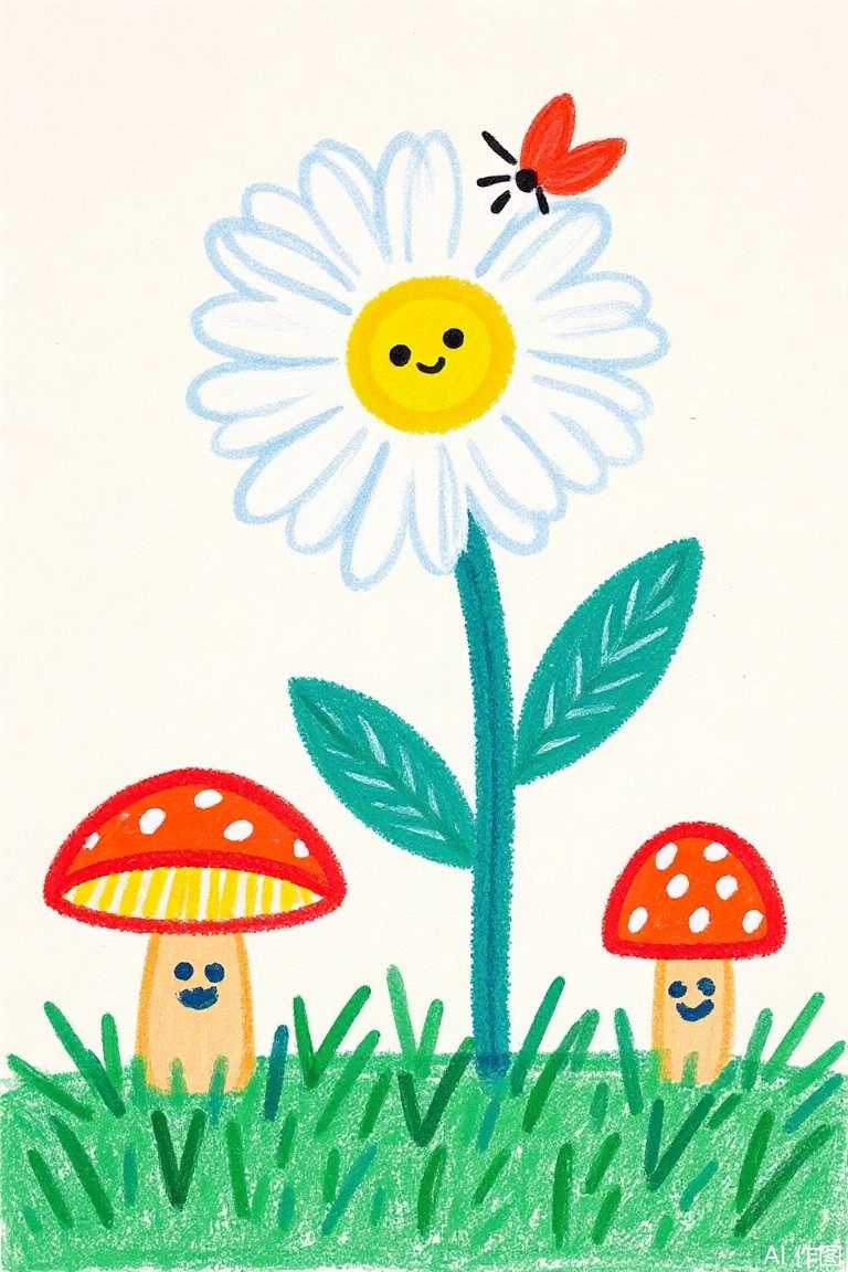 oil pastels,solo, flower, outdoors, artist name, no humans, grass, bug, plant, white flower, butterfly, antennae, mushroom,Oil painting stick