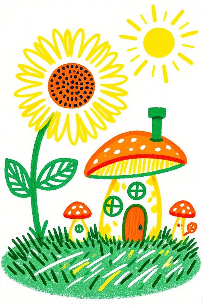 labihua
The image is an illustration of a small house with a large orange mushroom on the right side
The house has a green chimney and a small window on the front
On the left side of the house, there is a large yellow sunflower with a green stem and leaves
The sun is shining brightly in the top right corner of the image
The background is white and there are small orange mushrooms scattered around the house
The ground is covered in green grass
The overall style of the illustration is whimsical and playful.