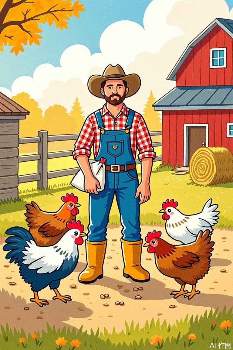 Cartoon illustration,,A farm worker in a rustic outfit feeds chickens in a well-maintained chicken farm on International Labor Day. The scene is depicted in an artistic font style with bold and vibrant colors. The farmworker wears a checked shirt and rubber boots, holding a bag of feed, while chickens gather eagerly around. The farm environment includes wooden fences, hay bales, and a red barn in the background, illuminated by the warm sunlight of late afternoon. The overall composition is balanced and harmonious, capturing the essence of hard work and rural life.