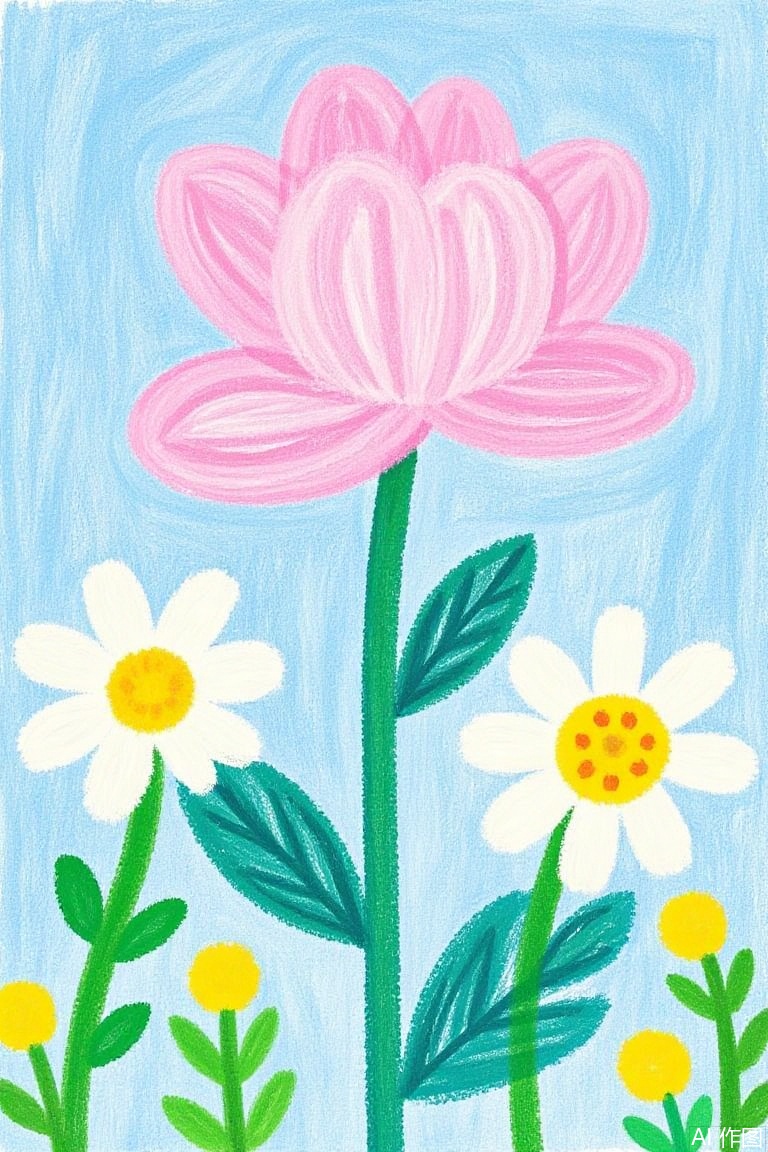 Children's picture book style,Children's picture book style,high quality,best quality,amazing quality,pink style,carnation flower,nature,Children's picture book style,lilies,floral,natural subject,vibrant colors,textured brush strokes,botanic,blue background,yellow and white flowers,canvas texture,nature-themed artwork,blooming,green foliage,Illustration,<lora people: ercha_SDXL-000007, 0.8,simple background,,