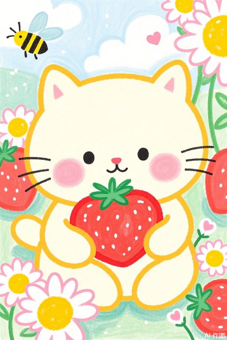 masterpiece,best quality,high detail,chibi,cute,
a drawing of A chubby cream kitten with rosy cheeks hugging a heart-shaped strawberry in a pastel greenhouse, surrounded by heart-petaled daisies and buzzing bumblebees with tiny heart-patterned wings, morning dew glistening on its whiskers.  