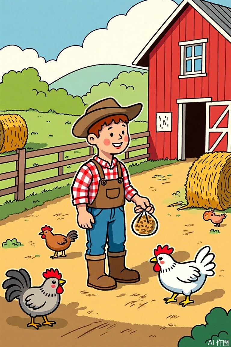 Cartoon illustration,,A farm worker in a rustic outfit feeds chickens in a well-maintained chicken farm on International Labor Day. The scene is depicted in an artistic font style with bold and vibrant colors. The farmworker wears a checked shirt and rubber boots, holding a bag of feed, while chickens gather eagerly around. The farm environment includes wooden fences, hay bales, and a red barn in the background, illuminated by the warm sunlight of late afternoon. The overall composition is balanced and harmonious, capturing the essence of hard work and rural life.