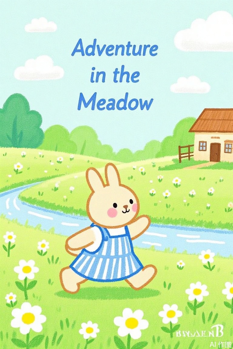 An animated image of a rabbit wearing a blue - and - white - striped pinafore. The rabbit is hopping in a meadow filled with daisies. The background is a soft green, with a few fluffy white clouds in the sky. There's a small stream running through the meadow, and in the distance, a small cottage can be seen. Above the rabbit, the text reads 'Adventure in the Meadow'.