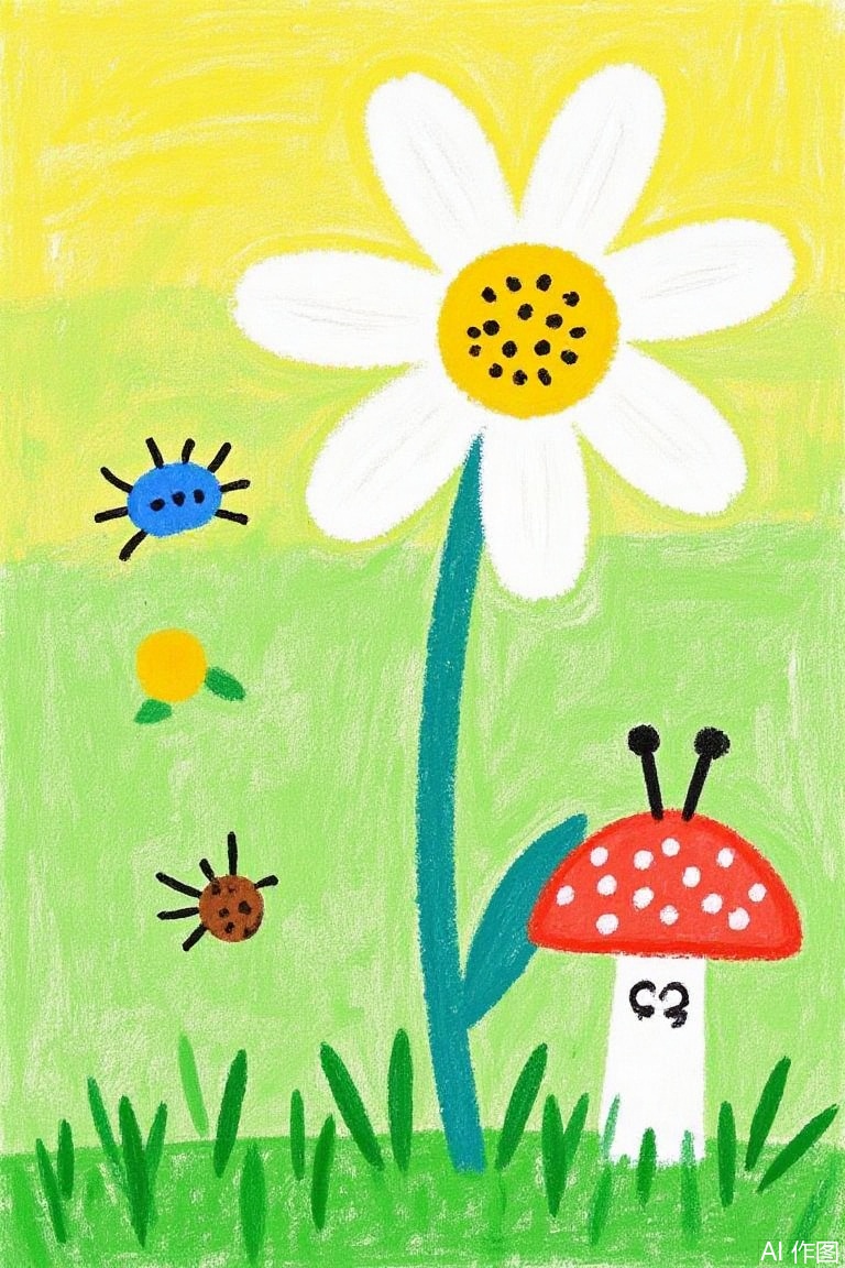 oil pastels,solo, flower, outdoors, artist name, no humans, grass, bug, plant, white flower, butterfly, antennae, mushroom,Oil painting stick