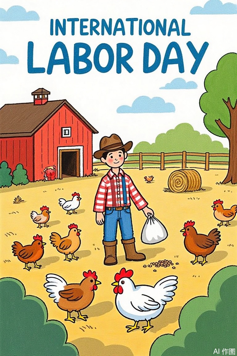 Cartoon illustration,,A farm worker in a rustic outfit feeds chickens in a well-maintained chicken farm on International Labor Day. The scene is depicted in an artistic font style with bold and vibrant colors. The farmworker wears a checked shirt and rubber boots, holding a bag of feed, while chickens gather eagerly around. The farm environment includes wooden fences, hay bales, and a red barn in the background, illuminated by the warm sunlight of late afternoon. The overall composition is balanced and harmonious, capturing the essence of hard work and rural life.