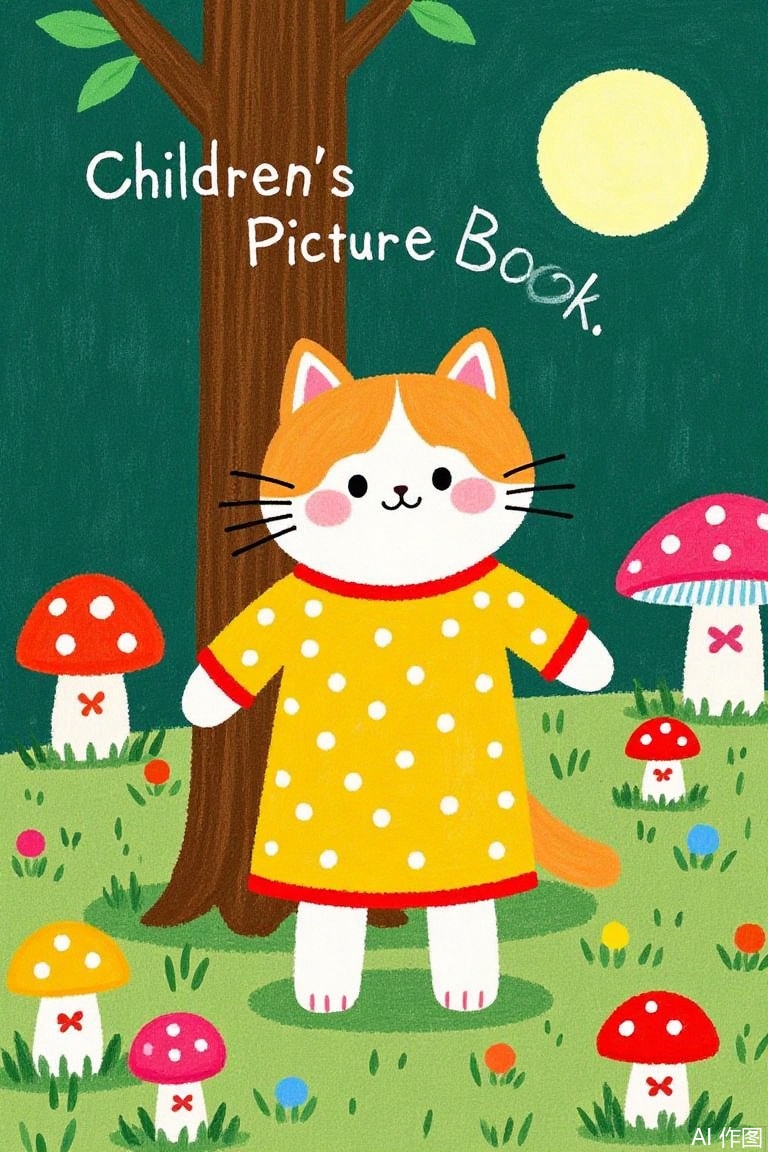 An animated image of a cat wearing a yellow polka dot red dress. The cat stands in front of a tree, with the moon in the background. There are many colorful mushrooms on the ground. The background is dark green with a few leaves on top. There is a text above the cat that reads' Children's Picture Book '.