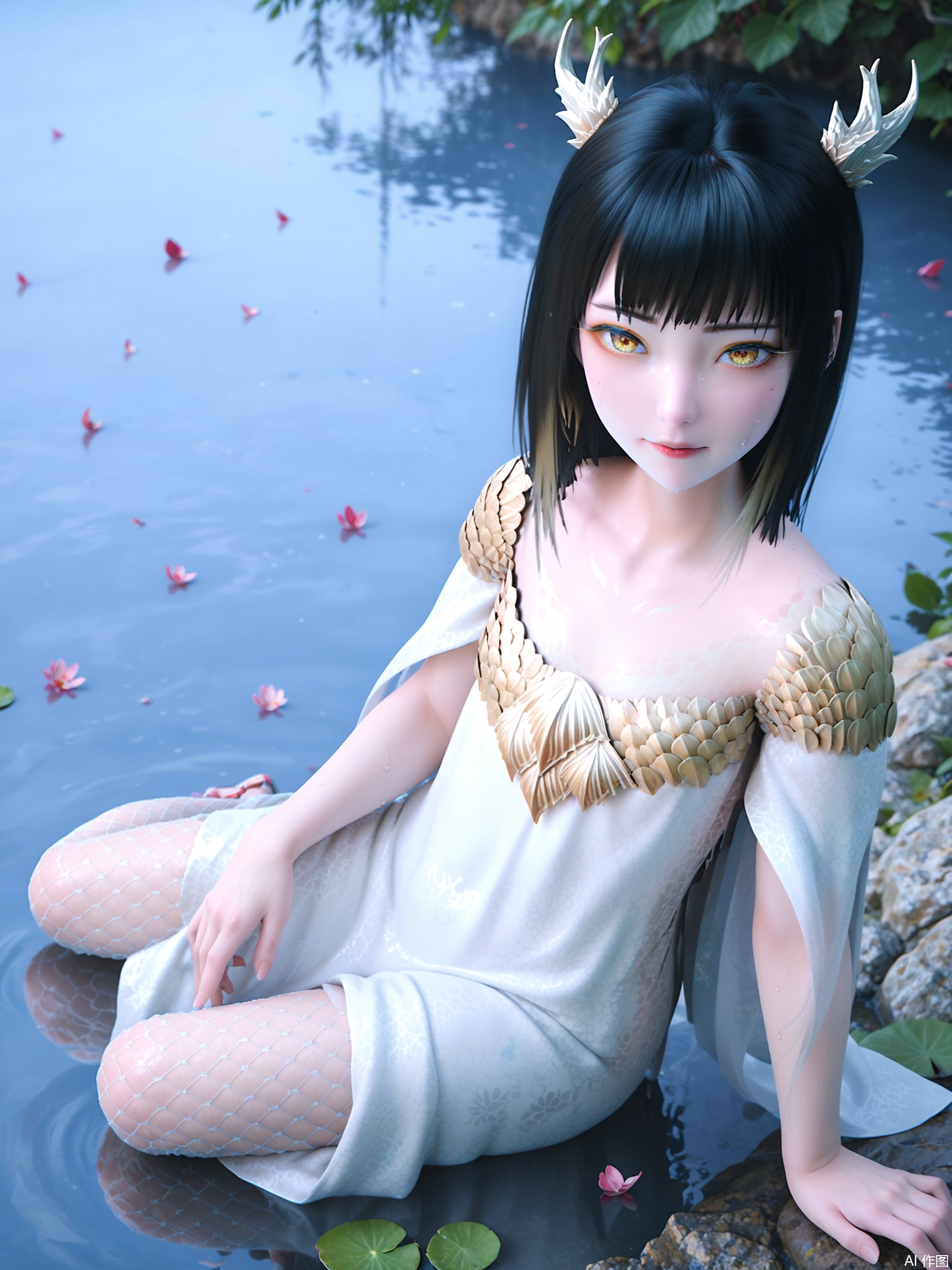 score_9,score_8_up,score_7_up,1girl,looking_at_viewer,realistic,1girl,Vivid Colors,bright environment,delicate water,hair_ornament,shiny skin,shiny hair,reflection,dress,jewelry,flower sea,falling petals,extreme detail description,(full body:0.3),put one hand on your side,long_hair,(skindentation:1.3),Fishnet stockings,bright,sunshine on face,chinese_clothes,black hair,light,sweating,(wariza:1.5),bright_pupils,yellow_eyes