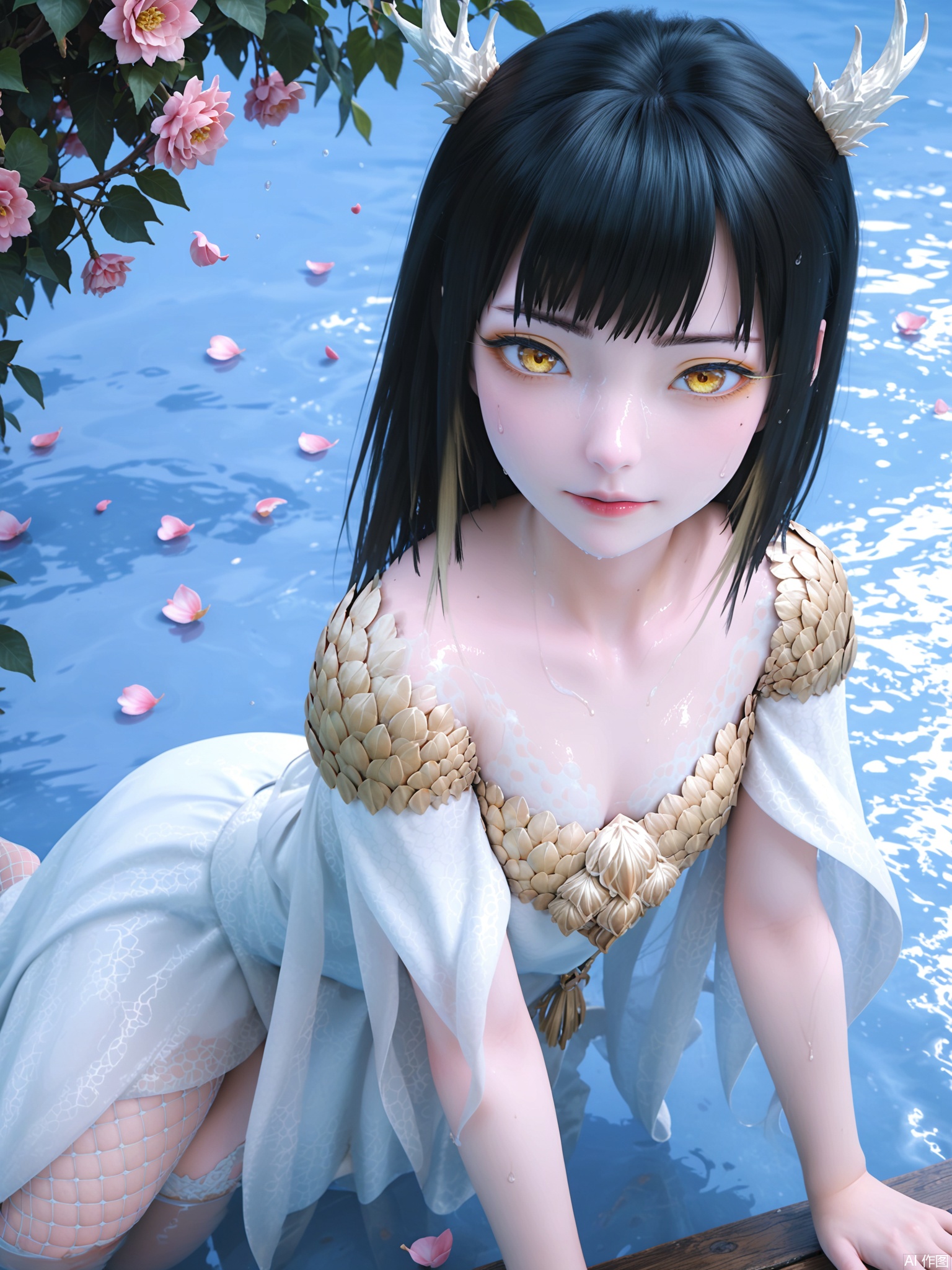 score_9,score_8_up,score_7_up,1girl,looking_at_viewer,realistic,1girl,Vivid Colors,bright environment,delicate water,hair_ornament,shiny skin,shiny hair,reflection,dress,jewelry,flower sea,falling petals,extreme detail description,(full body:0.3),put one hand on your side,long_hair,(skindentation:1.3),Fishnet stockings,bright,sunshine on face,chinese_clothes,black hair,light,sweating,(wariza:1.5),bright_pupils,yellow_eyes