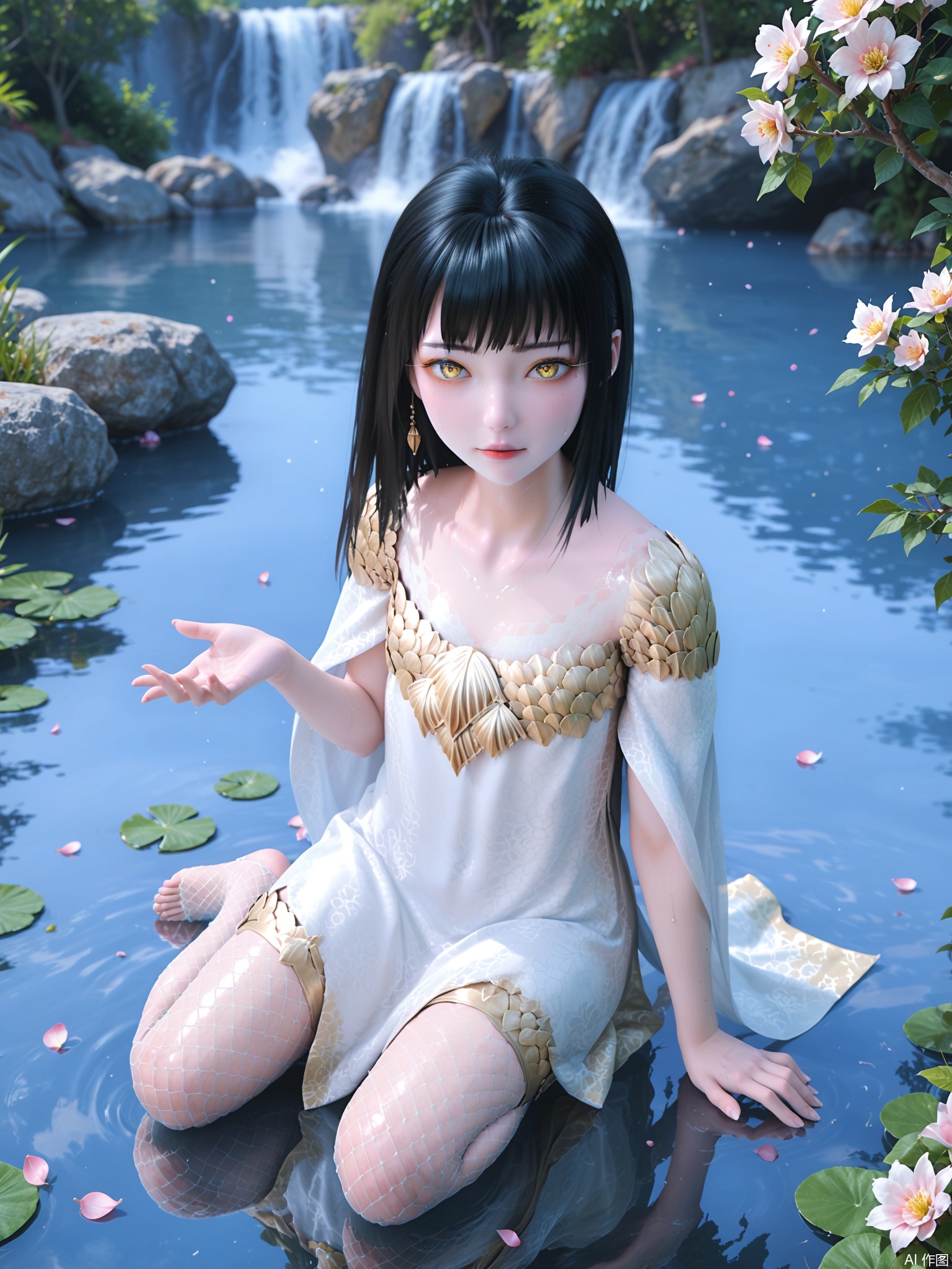 score_9,score_8_up,score_7_up,1girl,looking_at_viewer,realistic,1girl,Vivid Colors,bright environment,delicate water,hair_ornament,shiny skin,shiny hair,reflection,dress,jewelry,flower sea,falling petals,extreme detail description,(full body:0.3),put one hand on your side,long_hair,(skindentation:1.3),Fishnet stockings,bright,sunshine on face,chinese_clothes,black hair,light,sweating,(wariza:1.5),bright_pupils,yellow_eyes