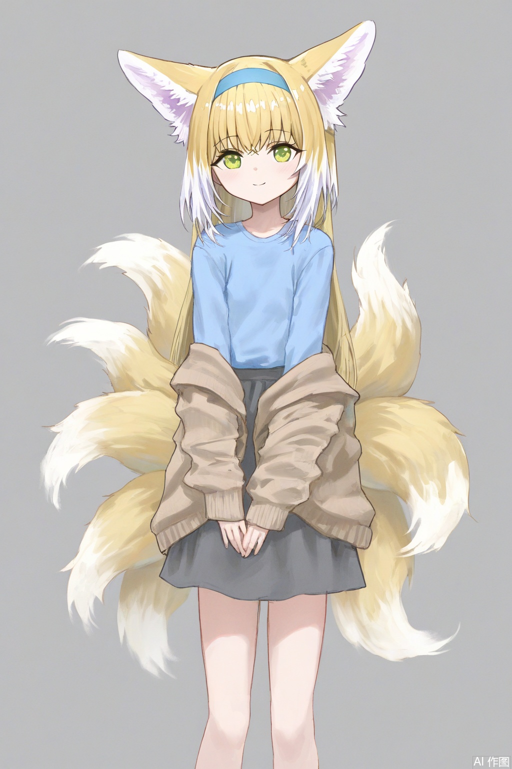  alternate_costume, animal_ear_fluff, animal_ears, arknights, blonde_hair, blue_shirt, brown_cardigan, cardigan, closed_mouth, colored_tips, commentary_request, fox_ears, fox_girl, fox_tail, grey_background, grey_skirt, highres, kitsune, kyuubi, multicolored_hair, multiple_tails, shirt, simple_background, skirt, smile, suzuran_(arknights), tail, white_hair