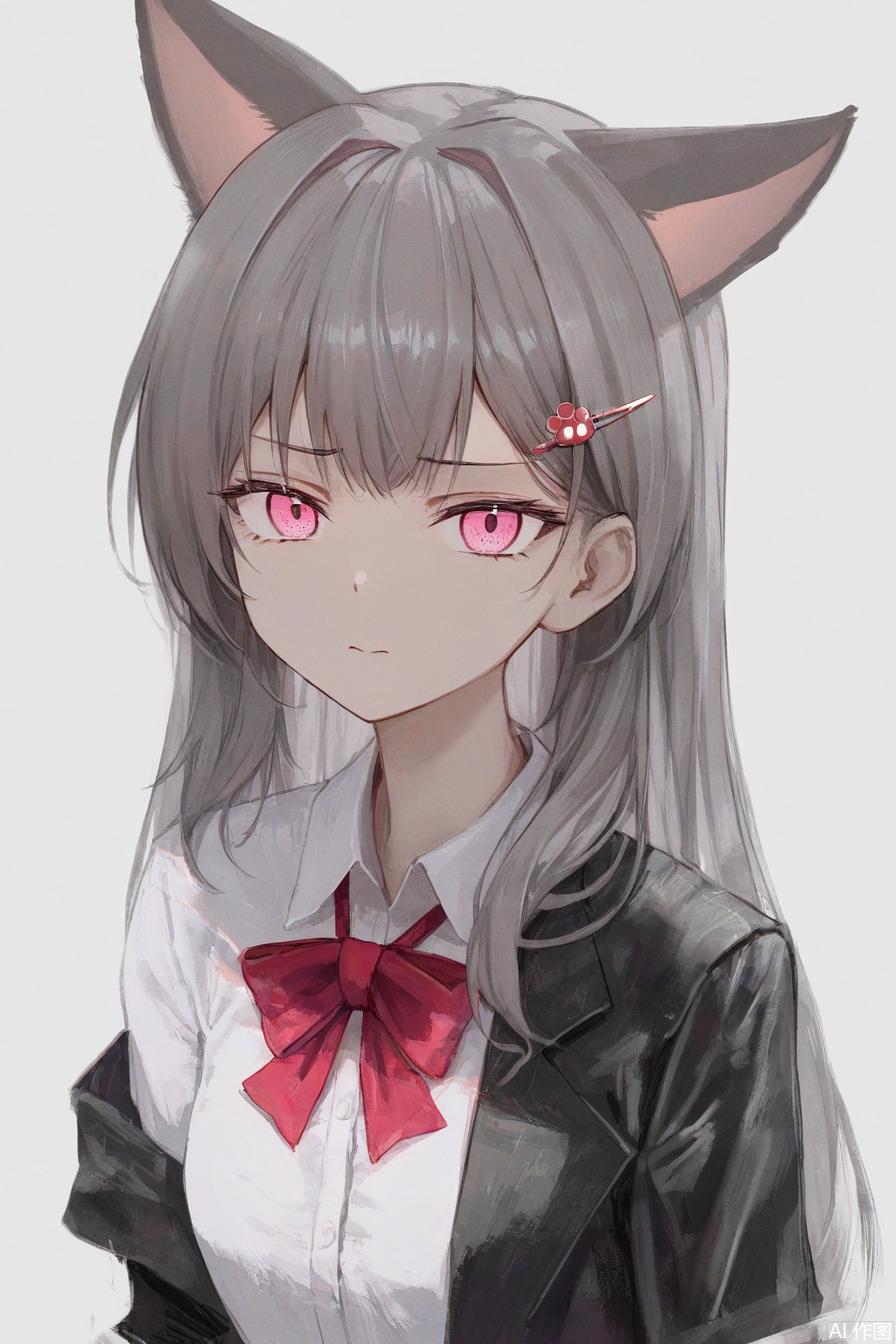 1girl, solo, animal ears, long hair, shirt, hair ornament, bow, white shirt, upper body, cat ears, jacket, collared shirt, simple background, looking at viewer, grey hair, closed mouth, pink eyes, red bow, hairclip, bowtie, white background, open clothes, off shoulder, open jacket, neutral_expression