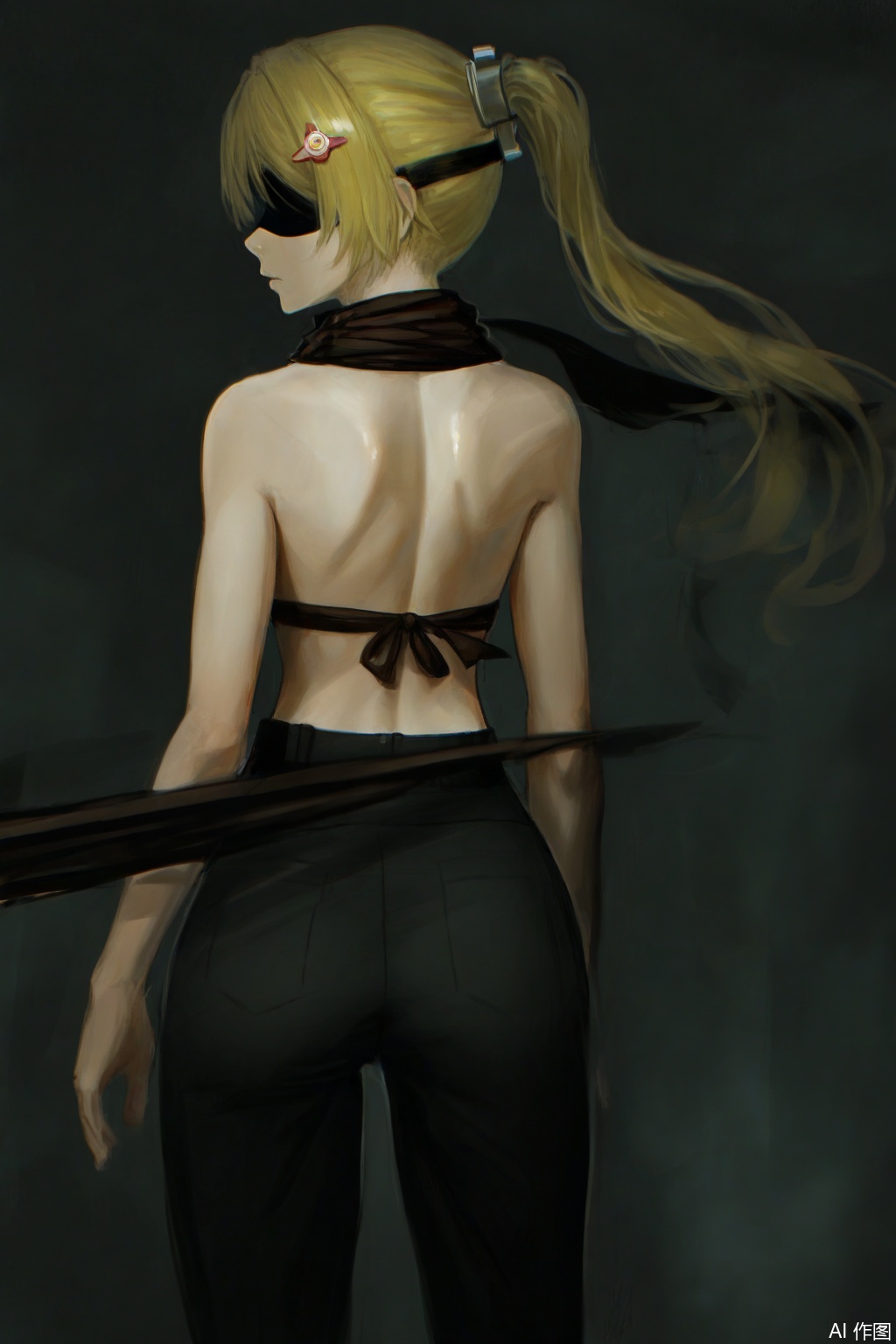 Hidzzz, 1girl, solo, blonde hair, long hair, ponytail, from behind, blindfold, bare shoulders, scarf, back, black pants, hair ornament