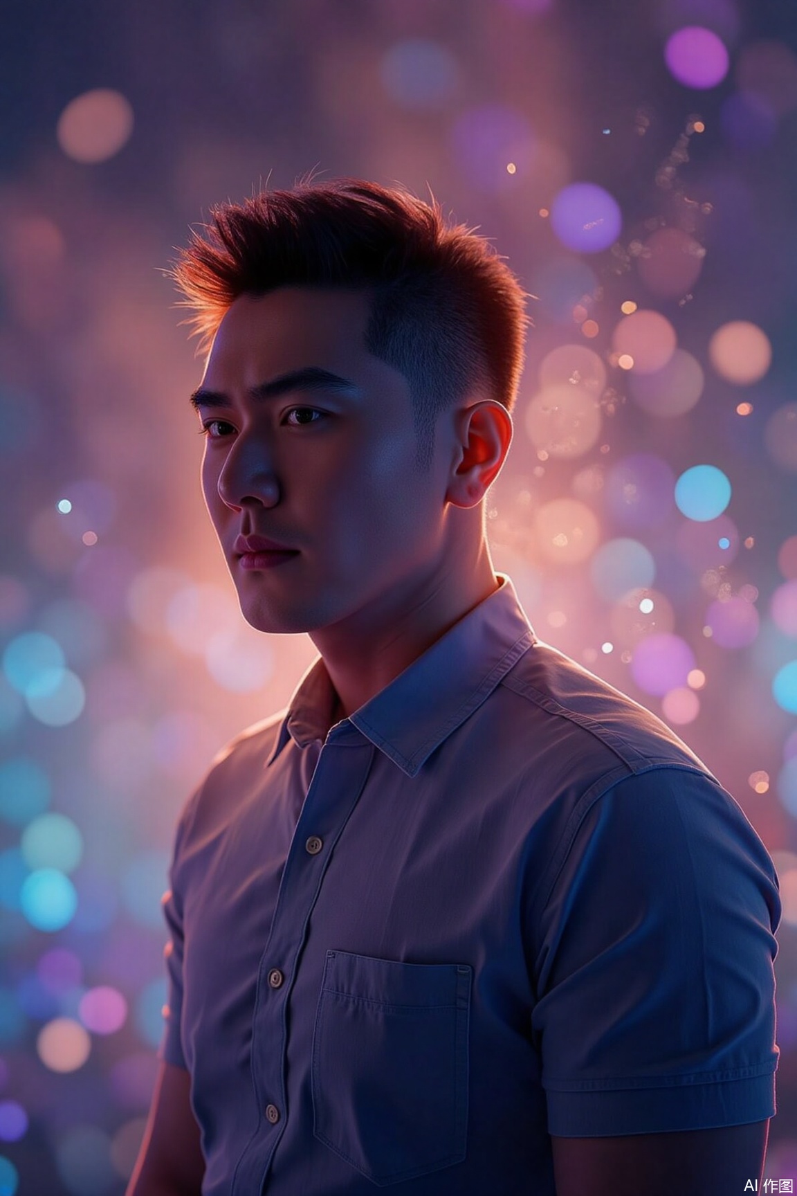  The man , surrounded by a hazy glow. he seems to be immersed in beautiful thoughts, exuding a tranquil and cozy atmosphere.,portrait,jzns,plbj,color-speckled background,digital-art,