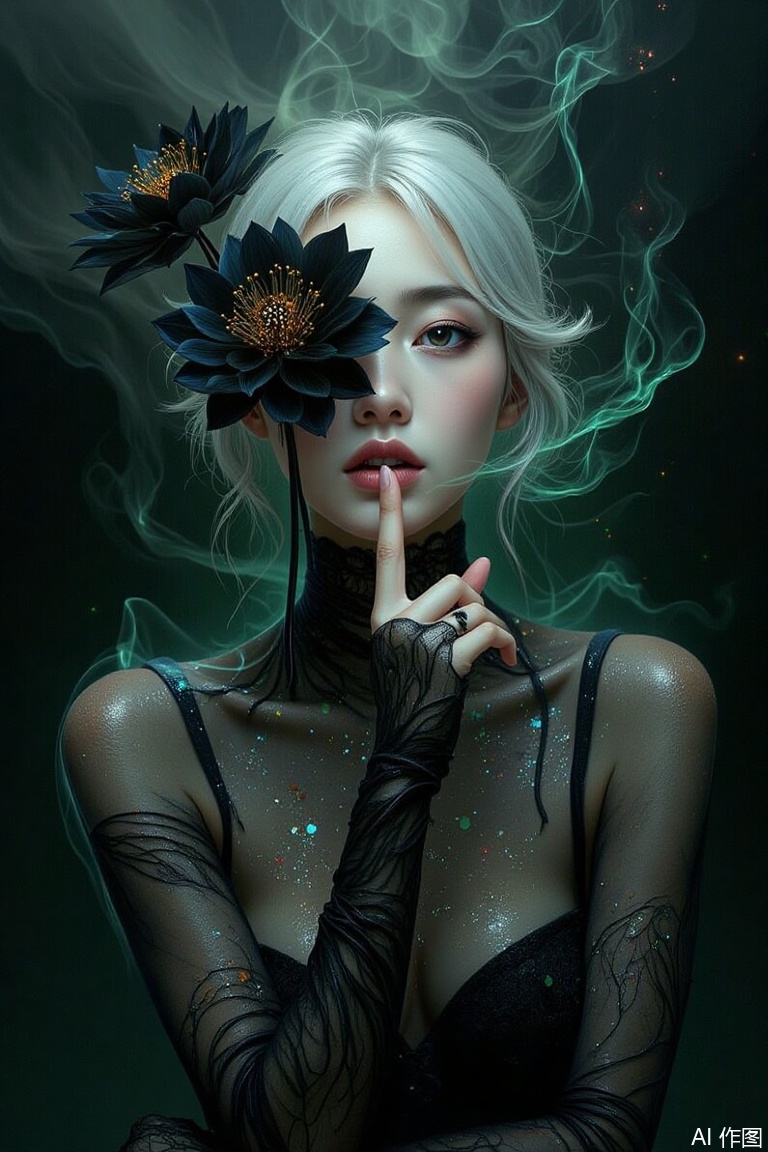 GF,
watercolor style,An Acrylic style painting that is expressive,gives it a dynamic and emotional quality. Anime art of a stylized portrait of a woman with a ethereal black and green mist surrounding her body. The mist creates a dramatic and surreal effect. A black flower,that is blooming,covering one eye,attached to the face. The woman has a cold aesthetic,complimented by her white hair. Anime art of woman draped in shadows with a lighting that enhances her unique features. The background is dark green,filled with black rose petals. Holding finger to lips,shush,shushing motion,.,Winslow Homer style,huge breasts,plbj,color-speckled background,digital-art,