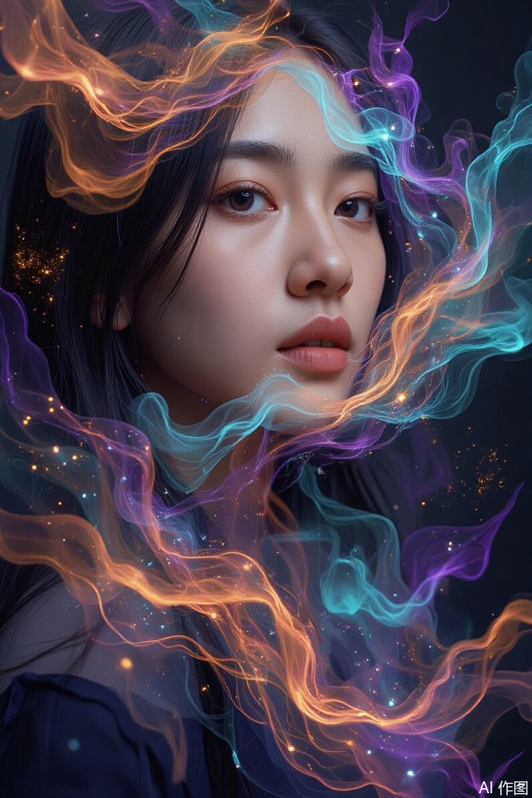 (masterpiece, top quality, best quality, official art, beautiful and aesthetic:1.2), (1girl), extreme detailed,(fractal art:1.3),colorful,highest detailed..,plns,portrait,vivid color,plbj,color-speckled background,digital-art,semi - transparent