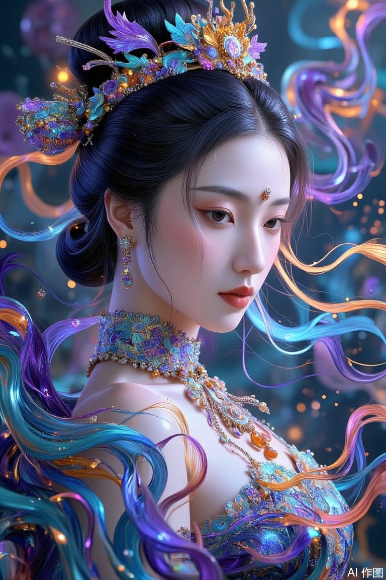 (masterpiece, top quality, best quality, official art, beautiful and aesthetic:1.2), (1girl), extreme detailed,(fractal art:1.3),colorful,highest detailed..,plns,portrait,vivid color,plbj,color-speckled background,digital-art,semi - transparent,Oriental Aesthetics
