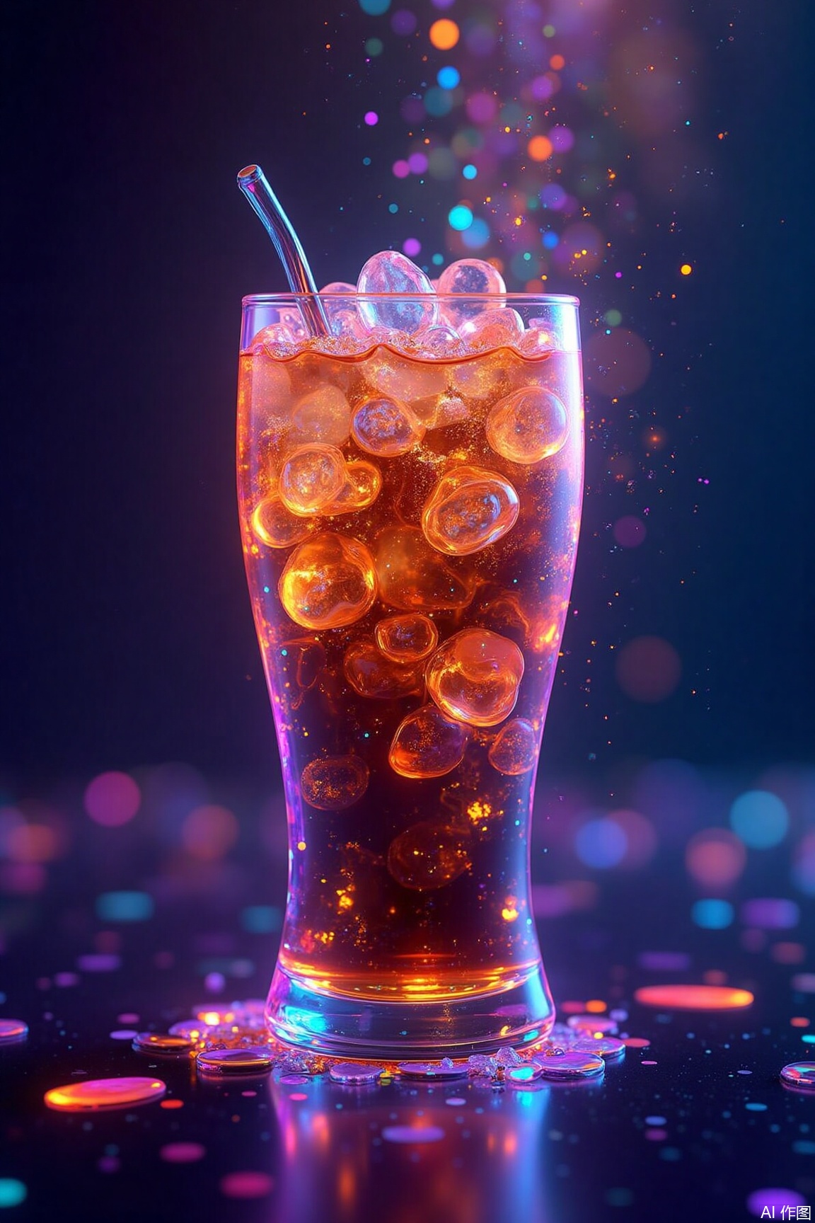 Dynamic view of a holographic magical cola,colorful glasses,painting looks to be life like,magical multicolored ink,high quality,imagination,8k,fantasy art,vivid magical colors,plbj,color-speckled background,digital-art,semi - transparent