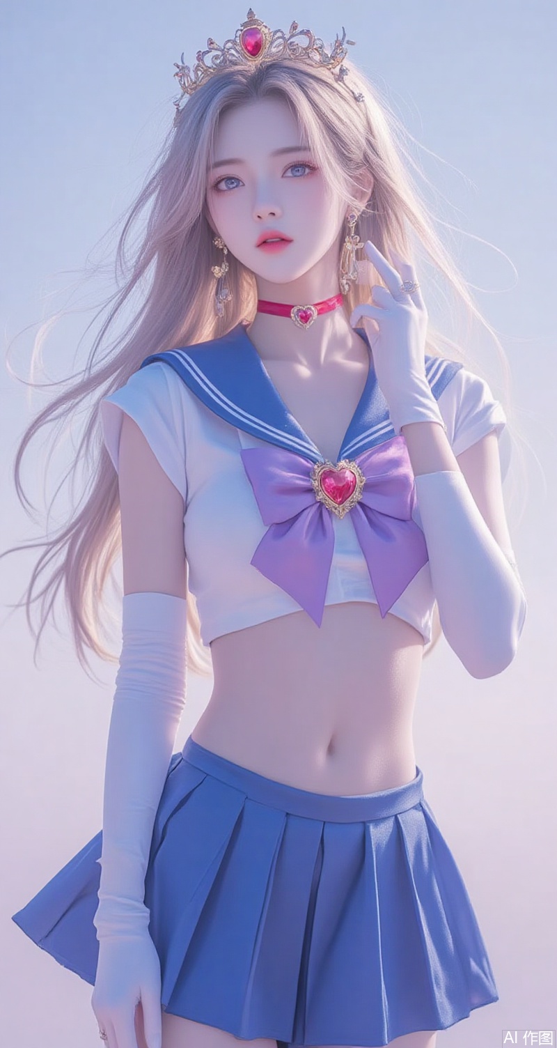 lvjing,baoshi,long hair,blonde hair,jewelry,earrings,blue eyes,ring,lips,red_lips, 1girl,sailor senshi uniform,solo,jewelry,skirt,gloves,earrings,blue skirt,white gloves,sailor collar,bow,breasts,choker,elbow gloves,magical girl,back bow,covered navel,heart,pleated skirt,looking at viewer,brooch,purple bow,heart brooch,red choker,circlet,miniskirt,closed mouth,large breasts,collarbone,red gemstone,tiara,cowboy shot,simple background,gradient background,close-up details,outstanding style,adding a touch of dimension to your images without compromising details,close-up,
