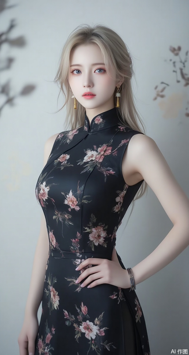 lvjing,baoshi,long hair,blonde hair,jewelry,earrings,blue eyes,ring,lips,red_lips,1girl,dress,jewelry,earrings,china dress,chinese clothes,blurry background,blurry,breasts,solo,looking at viewer,hand on own hip,floral print,sleeveless,black dress,sleeveless dress,bracelet,parted lips,bare shoulders,side slit,cowboy shot,holding, cover,simple background,gradient background,close-up details,outstanding style,(baoshi),adding a touch of dimension to your images without compromising details,close-up,