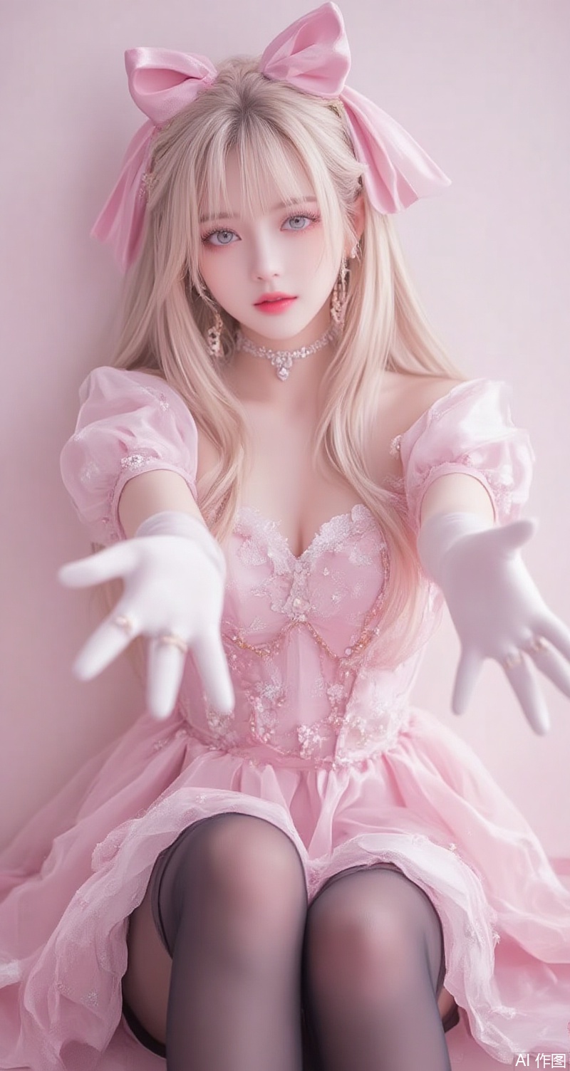 lvjing,baoshi,long hair,blonde hair,jewelry,earrings,blue eyes,ring,lips,red_lips,1girl,solo,gloves,pantyhose,open mouth,bow,smile,dress,eyelashes,choker,:d,pink bow,white gloves,black pantyhose,hair bow,pink dress,bangs,simple background,outstretched arms,looking at viewer,cosplay, Close-up details,outstanding style,adding a touch of dimension to your images without compromising details,close-up