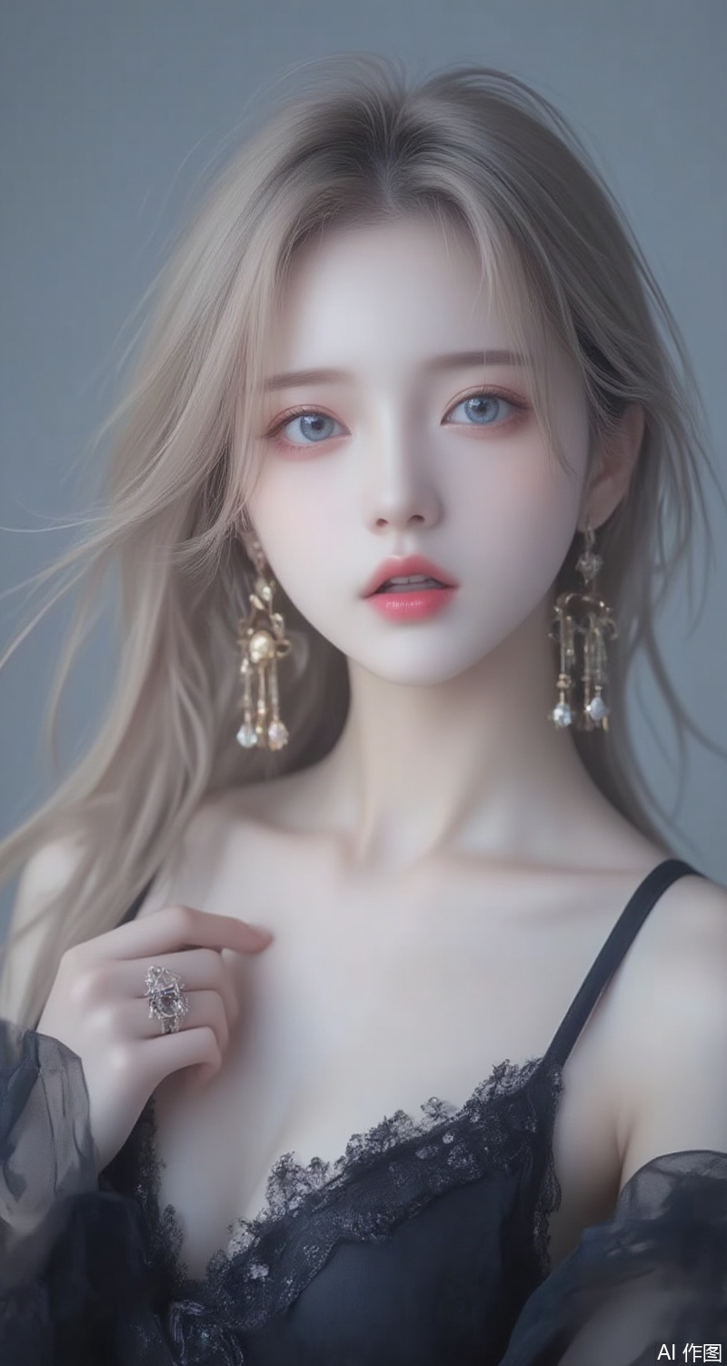 lvjing,baoshi,long hair,blonde hair,jewelry,earrings,blue eyes,ring,lips,red_lips_,1girl,solo,jewelry,earrings,looking at viewer,realistic,upper body,grey background,camisole,black camisole,collarbone,open mouth,cover,simple background,gradient background,close-up details,outstanding style,adding a touch of dimension to your images without compromising details,close-up