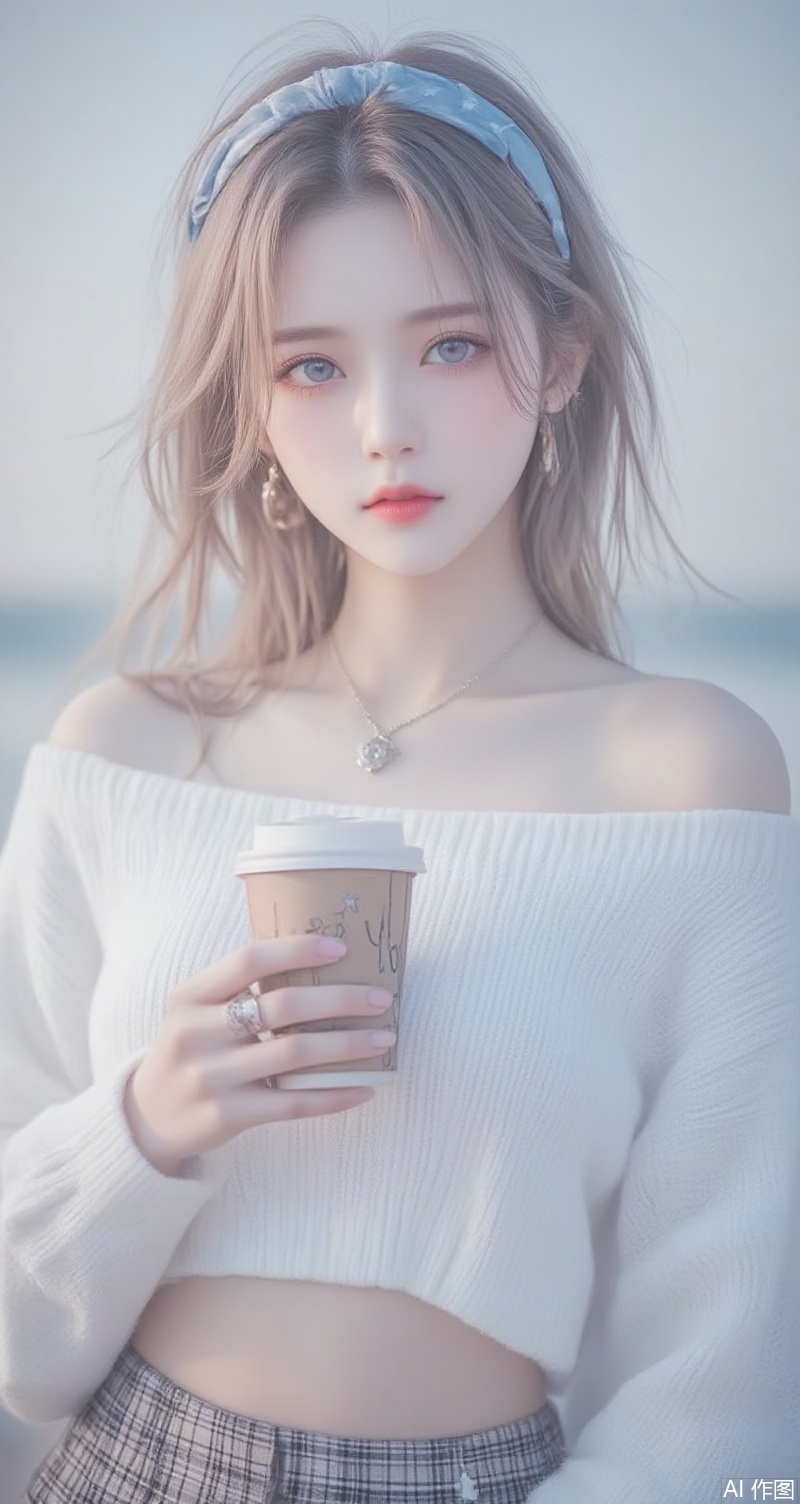 lvjing,baoshi,long hair,blonde hair,jewelry,earrings,blue eyes,ring,lips,red_lips,1girl,skirt,plaid skirt,realistic,solo,plaid,cup,blurry background,blurry,looking at viewer,holding,disposable cup,holding cup,hairband,sweater,necklace,crop top,blue hairband,midriff,shirt,jewelry,white sweater,off shoulder,white shirt,4,cover,simple background,gradient background,close-up details,outstanding style,adding a touch of dimension to your images without compromising details,close-up,