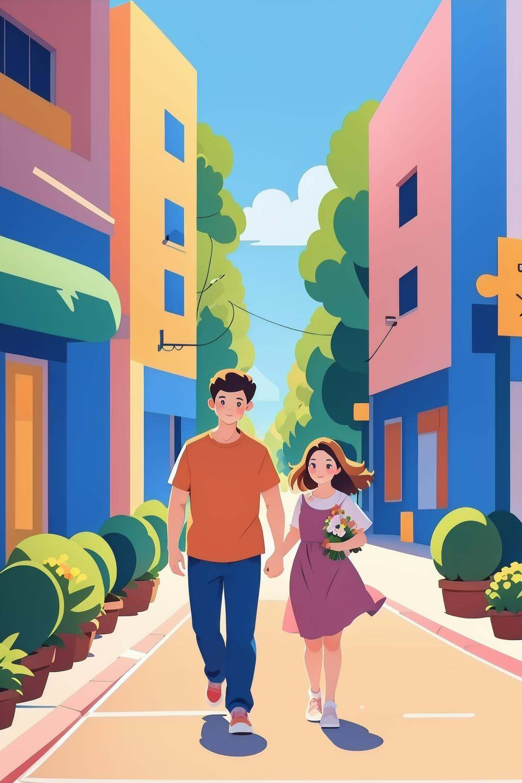 illustration style,a boy and a girl walking on the street,