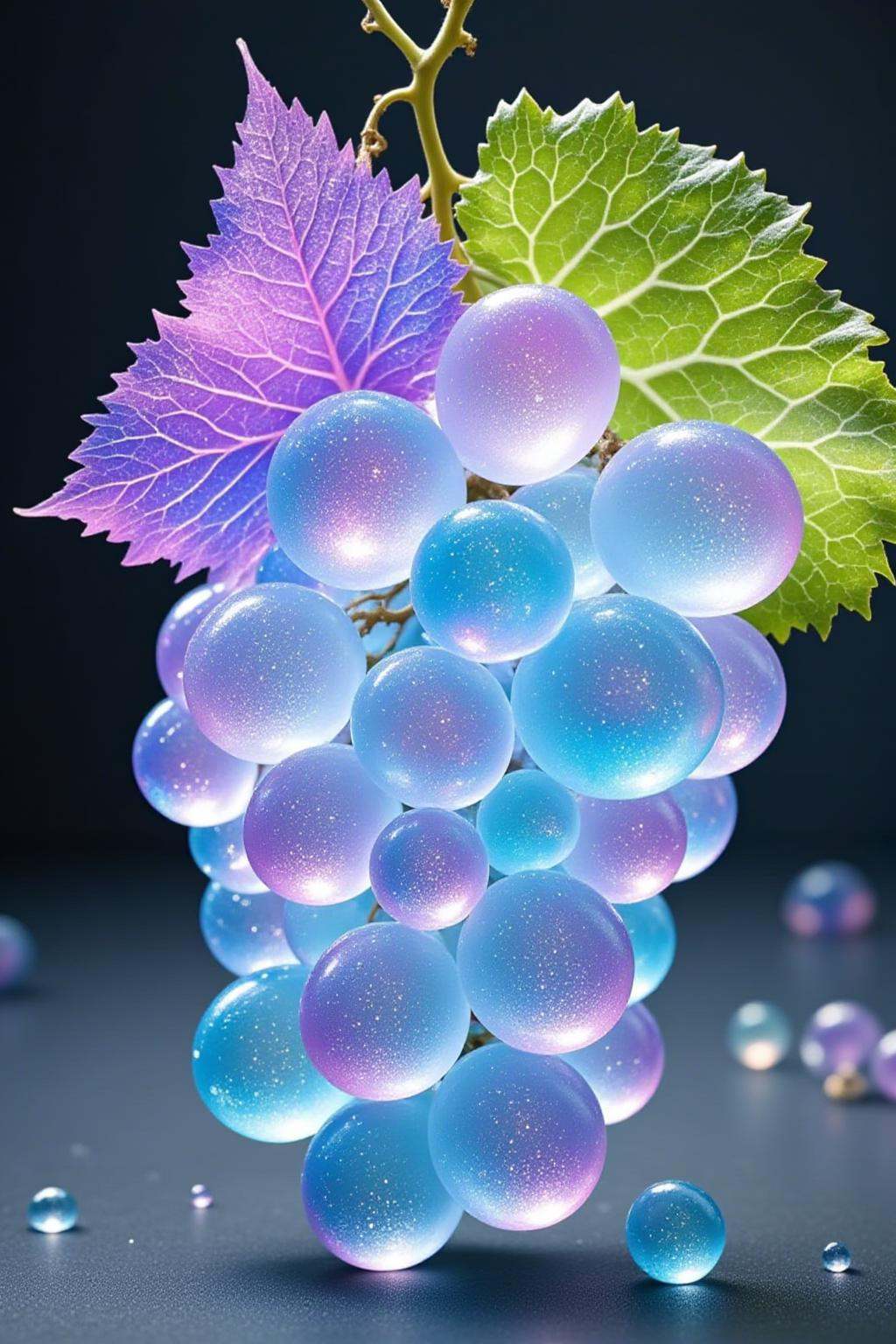 ,This is a high-resolution,digitally manipulated photograph featuring a cluster of grapes. The grapes are rendered in a translucent,almost ethereal quality,exhibiting a gradient of pastel colors including blue,purple,and pink,with each grape reflecting light to create a sparkling effect. The grapes are nestled inside a large,crinkled leaf,likely from a grapevine,which adds a natural,organic element to the composition. The leaf is a soft,muted green with a delicate texture,and it frames the grapes beautifully.,<lora:shuijing_flux-000014:1>