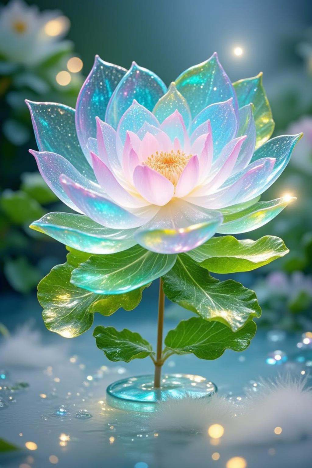 ,This is a highly detailed,digital artwork featuring a vibrant,ethereal lotus flower set against a softly lit,dreamy background. The lotus flower is the central focus,radiating a soft,pastel glow. Its petals are translucent,with hues ranging from delicate pink to soft blue and green,creating a gradient effect that gives the flower a magical,almost otherworldly appearance. The flower's stamens are golden yellow,adding a touch of warmth to the overall cool color palette. Surrounding the flower are several large,green leaves,also translucent and shimmering with a similar gradient effect,enhancing the delicate and mystical atmosphere.,<lora:shuijing_flux-000014:1>