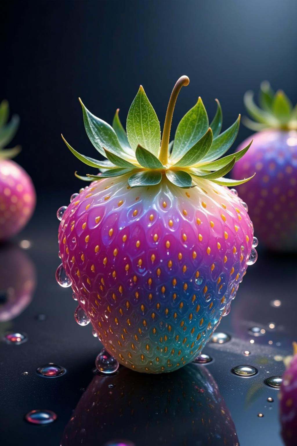 This is a highly detailed, hyper-realistic CGI (computer-generated imagery) artwork featuring a single strawberry placed centrally in the image. The strawberry is rendered with incredible precision, showcasing its glossy, smooth surface and intricate texture. The fruit is a vibrant mix of colors, transitioning from a deep purple at the base to a gradient of pink, yellow, and green at the top. The strawberry is adorned with numerous dew drops that hang from its surface, adding a sense of freshness and moisture.The strawberry is accompanied by two additional strawberries in the background, one to the left and another to the right, both with similar color gradients and dew drops. The background is a soft, blurred gradient of dark blues and purples, creating a dreamy, almost ethereal atmosphere. The foreground is a dark, reflective surface, likely a glossy countertop, which enhances the shine and realism of the strawberries.The overall composition is balanced, with the central strawberry being the focal point due to its vibrant colors and detailed texture. The light source is likely from the top left, casting gentle highlights on the strawberries and adding a three-dimensional quality to the image. The image is rich in detail and color, making it a visually stunning and immersive CGI artwork.