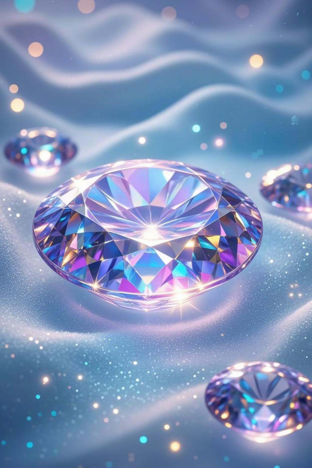 This is a digitally rendered image showcasing a surreal,dreamlike scene featuring several large,sparkling diamonds set against a backdrop of flowing,ethereal fabric. The fabric,in soft shades of blue and purple,appears to be gently rippling and glowing,enhancing the overall magical ambiance. The central focus of the image is a large,perfectly cut diamond,its facets reflecting light in a mesmerizing display of colors including blue,purple,and pink,creating a prism effect that radiates from its center. Surrounding this central diamond are several smaller,similarly faceted diamonds,each reflecting light in their own unique patterns,adding depth and dimension to the scene.,The background fabric is adorned with small,sparkling particles that mimic the effect of starlight,contributing to the enchanting atmosphere. The overall color palette is dominated by cool tones,with the diamonds' reflections adding warm hues that contrast beautifully with the fabric. The lighting is soft and diffused,creating a soft glow that enhances the sparkle and brilliance of the diamonds. The image has a high level of detail and realism,making it appear almost lifelike despite its fantastical elements.,