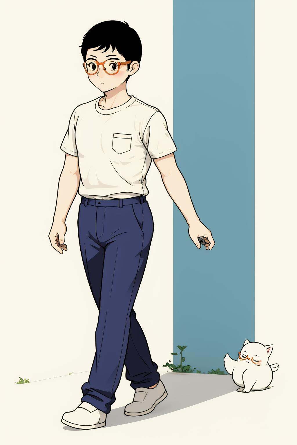 illlustration style,illustration style,solo,1boy,male focus,shirt,simple background,black hair,glasses,white shirt,short sleeves,short hair,cowboy shot,black eyes,blush,masterpiece,best quality,full body,walking,form side,