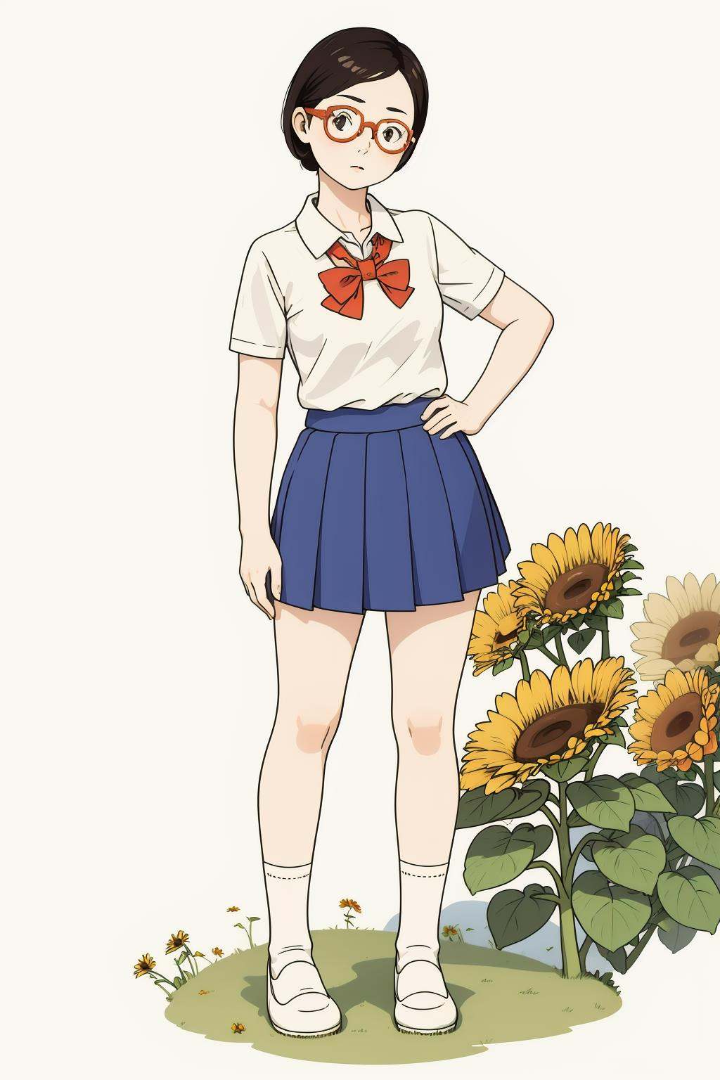 illlustration style,illustration style, 1girl, red-framed eyewear, skirt, solo, flower, glasses, blue skirt, hand on hip, white footwear, shirt, pleated skirt, standing, shoes, white shirt, short hair, looking at viewer, short sleeves, white background, full body, collared shirt, school uniform, holding, sunflower, simple background, grass, socks, plant, black eyes, sign, expressionless