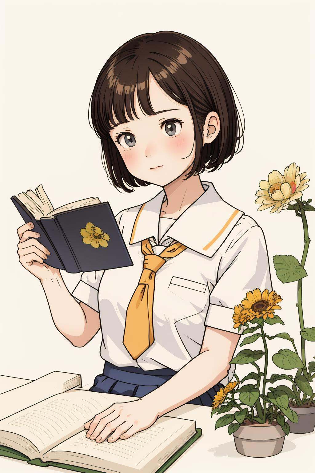 illlustration style,illustration style, 1girl, solo, holding, plant, white background, flower, book, brown hair, simple background, short sleeves, blush, shirt, school uniform, grey eyes, open book, yellow flower, closed mouth, white shirt, necktie, short hair, bangs, potted plant