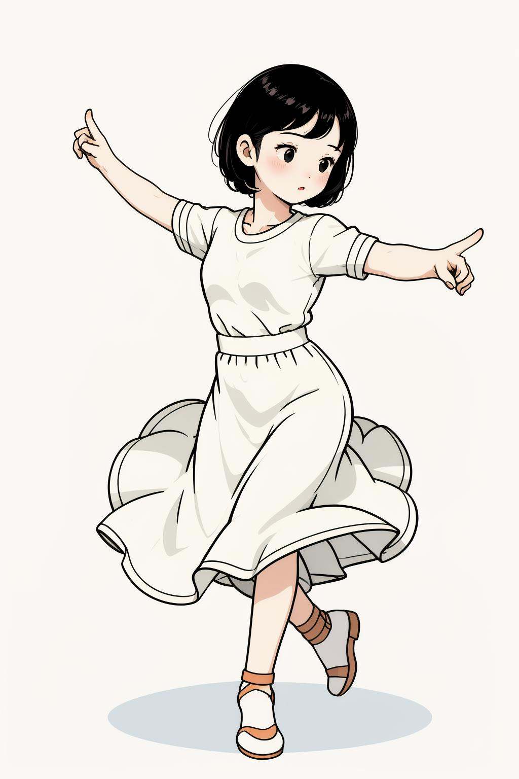 illlustration style,illustration style,solo,1girl,female focus,shirt,simple background,black hair,white shirt,dress,short sleeves,short hair,cowboy shot,black eyes,blush,masterpiece,best quality,full body,dancing,