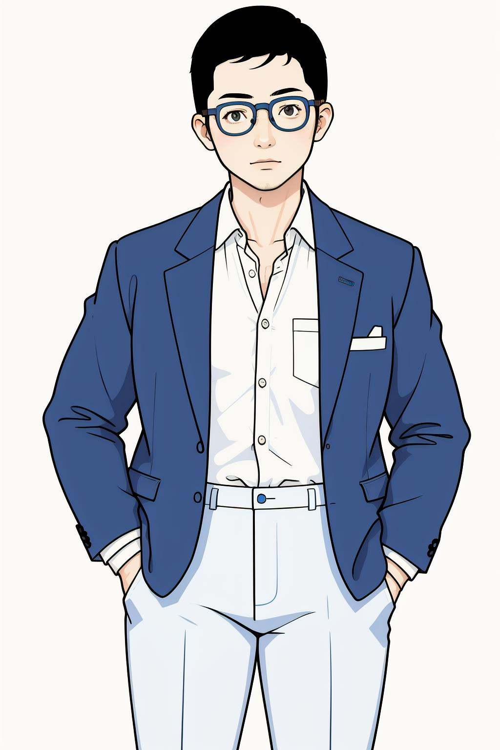 illlustration style,illustration style, solo, 1boy, male focus, shirt, black hair, glasses, white background, simple background, pants, hand in pocket, white shirt, collared shirt, short hair, jacket, blue pants, blue jacket, holding, long sleeves, looking at viewer, cowboy shot