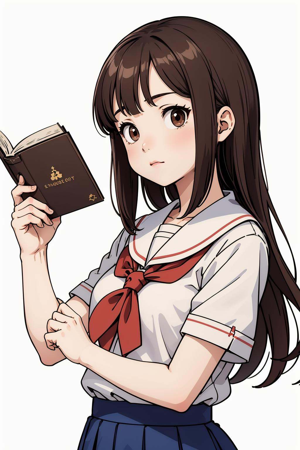 illustration style, 1girl, solo, long hair, brown eyes, book, short sleeves,school uniform, looking at viewer, upper body, holding book, white background, bangs, simple background, shirt
