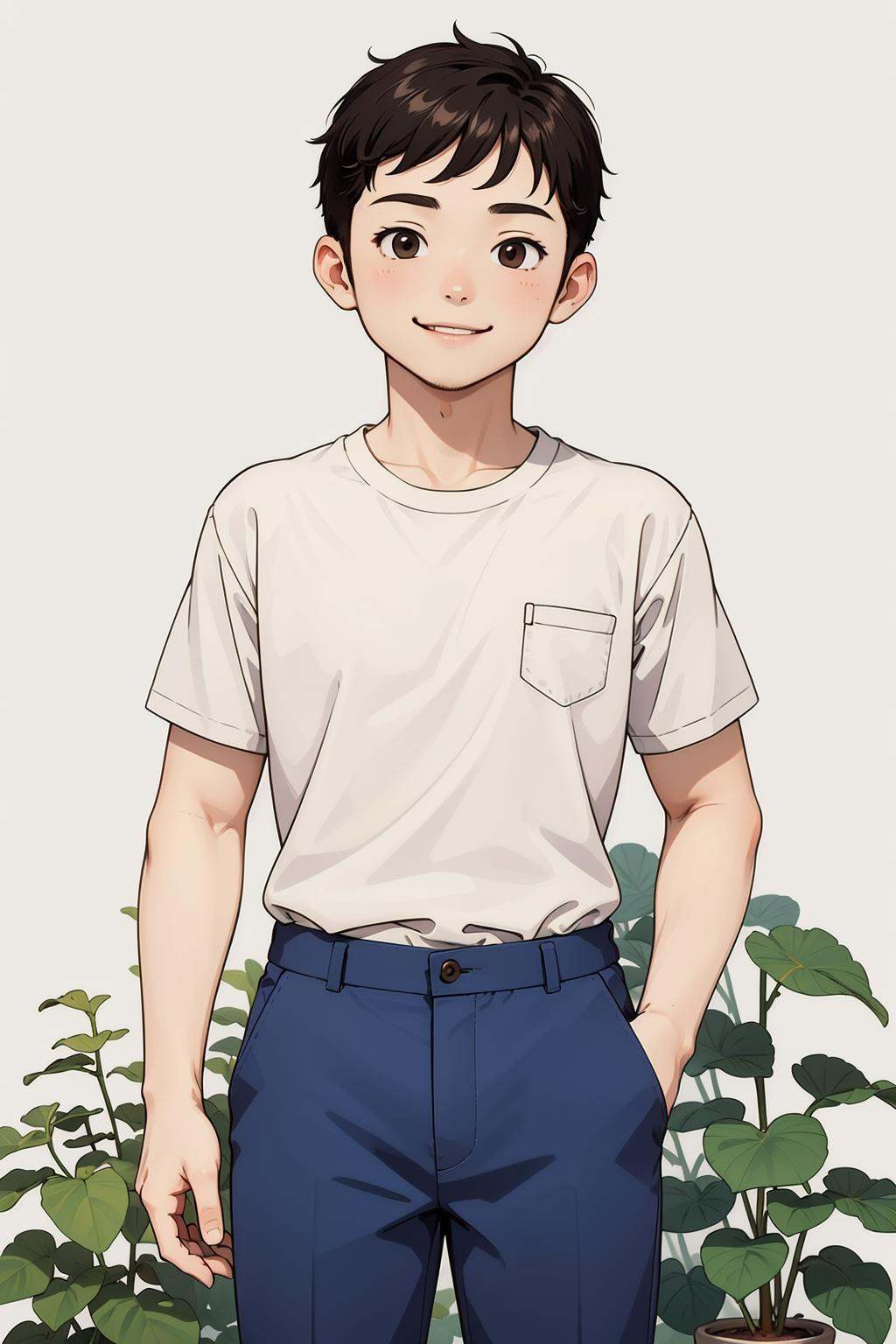 illustration style,1boy,solo,male focus,shirt,smile,white shirt,plant,white background,short sleeves,simple background,looking at viewer,pants,leaf,black hair,short hair,brown eyes,cowboy shot,blue pants,
