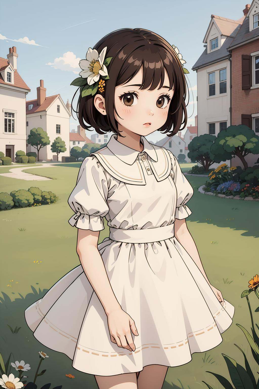illustration style,1girl,flower,solo,hair flower,hair ornament,dress,white dress,outdoors,grass,bangs,puffy sleeves,collared dress,building,brown hair,