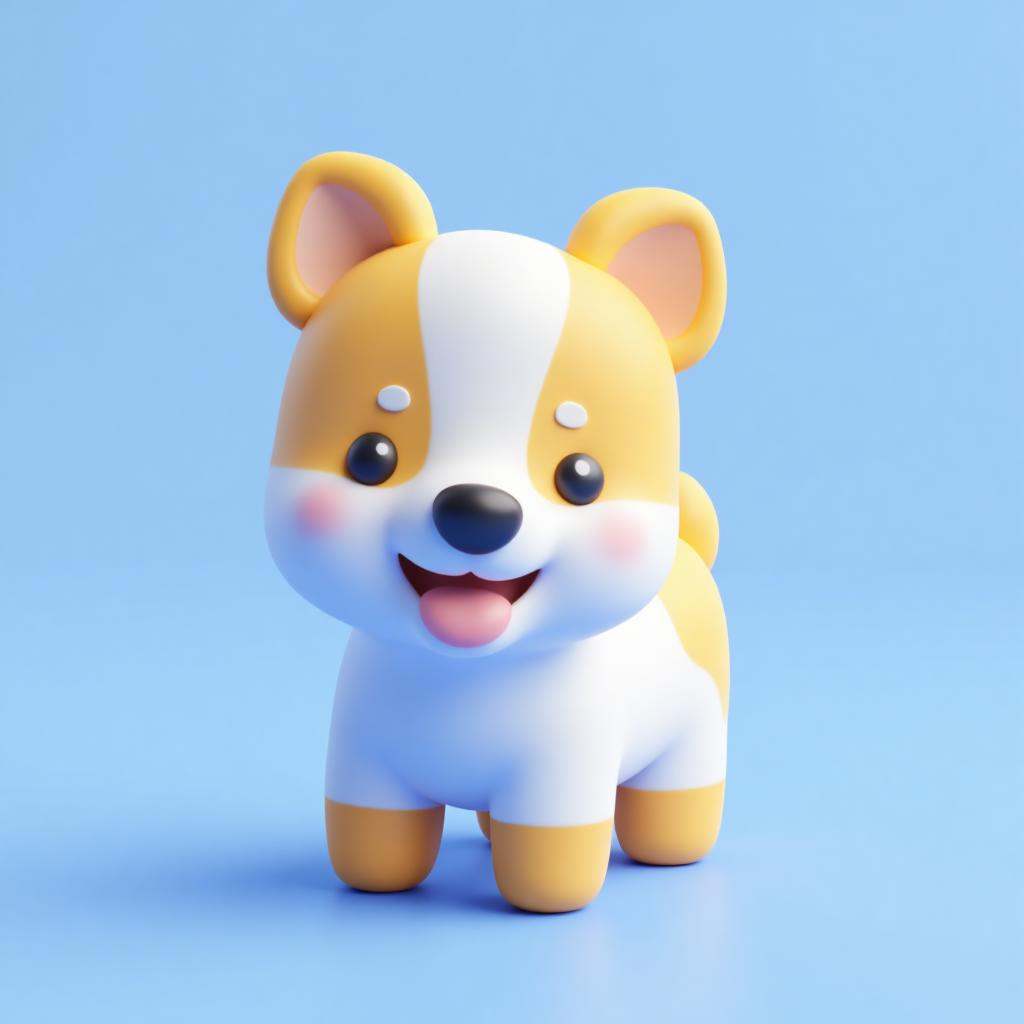 3D cartoon, solo, dog,blue background, open mouth, no humans, simple background, smile, full body, animal focus, standing