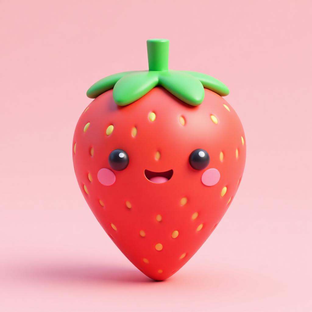 3D cartoon,fruit,no humans,food,strawberry,smile,food focus,solo,pink background,simple background,pokemon \(creature\),looking at viewer,closed mouth,black eyes,blush stickers,