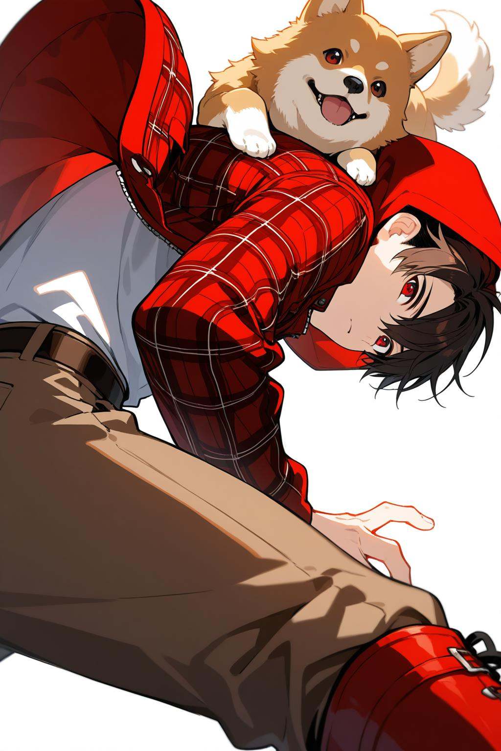((close up:1.5, dynamic pose, dynamic angle:1)),1boy,black hair,white background,hood,hood up,red eyes,brown pants,boots,sfw,jacket,original,male focus,dog,brown hair,pants,animal,simple background,belt,plaid,red footwear,plaid jacket,hooded jacket,solo,looking at viewer,standing,long sleeves,red jacket,short hair,dog on person,