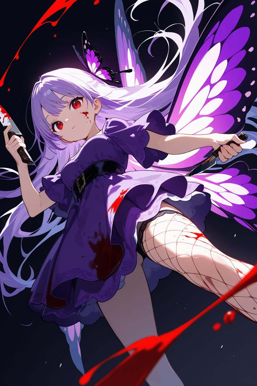 ((close up:1.5, dynamic pose, dynamic angle:1))long hair, 1girl, sfw, red eyes, original, dress, solo, purple hair, blood, blood on clothes, fishnets, knife, blood on clothes, ***, *** wings, butterfly, wings, *** girl, butterfly wings, blood on face, weapon, holding, holding knife, holding weapon, blood on weapon, blood on weapon, holding weapon, holding knife, purple wings, purple dress