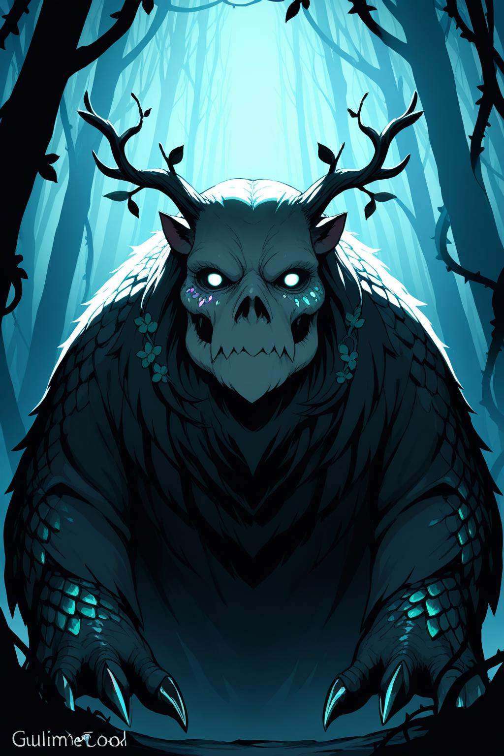 cinematic still, filmed by Guillermo del Toro, Amidst a deep dark forest, an enigmatic being appears--an amalgamation of flora and fauna, with vines for hair, eyes gleaming, and skin adorned with iridescent scales