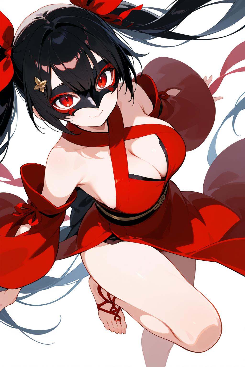 ((close up:1.5, dynamic pose,dynamic angle:1)),sfw,red eyes,1girl,very long hair,breasts,long hair,mask,red ribbon,hair ribbon,large breasts,solo,twintails,red dress,ribbon,bare shoulders,bare arms,dress,bare legs,cleavage,barefoot,original,smile,looking at viewer,barefoot sandals,barefoot sandals,red footwear,japanese clothes,detached sleeves,long sleeves,red ribbon,hair ornament,bare shoulders,