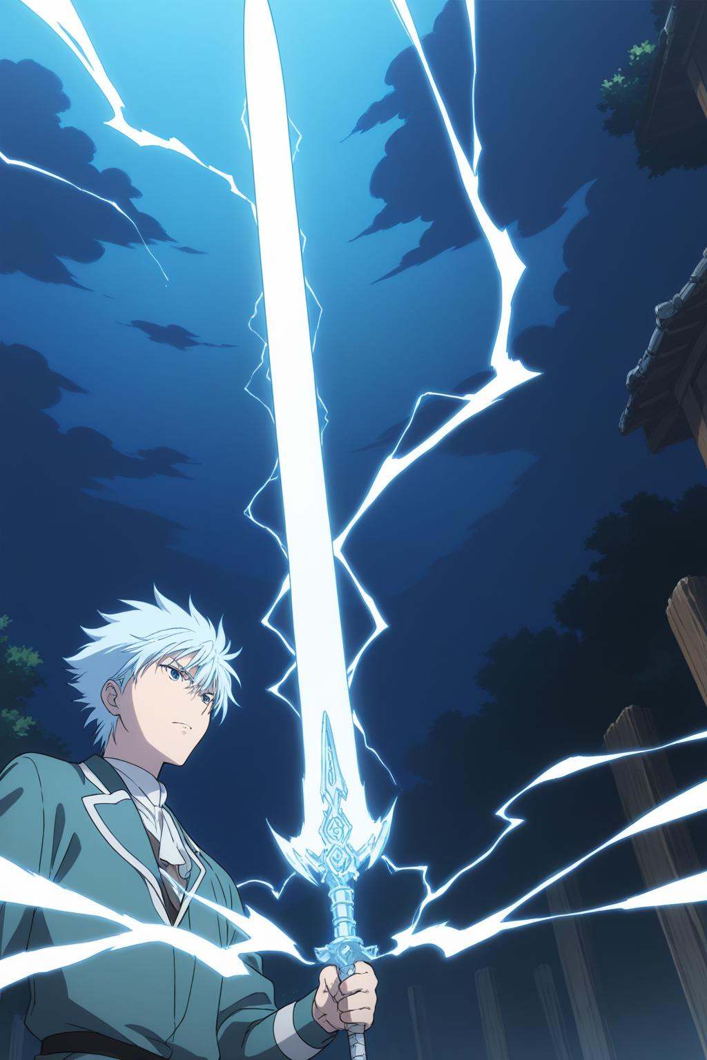 ade,Anime,manga,Japan Anime style,Animation,((upper body,dynamic angle,cool pose)),A female magic sword knight,composed of elements of thunder,thunder,electricity,His form is barely tangible,with a soft glow emanating from his gentle contours,The surroundings subtly distort through her ethereal presence,casting a dreamlike ambiance,white lightning,Surrounded by thunder and lightning elemental magic,
